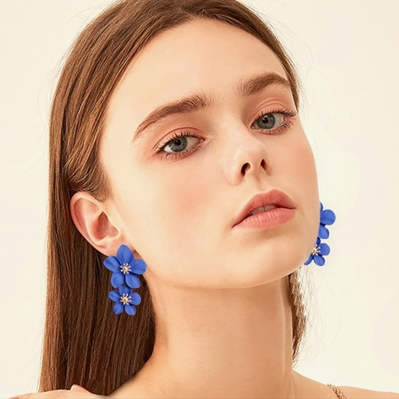 🆕 Bohemian Blue Gold Daisy Flower Matte Floral Petal Drop Dangle Layered Tiered - Picture 3 of 4